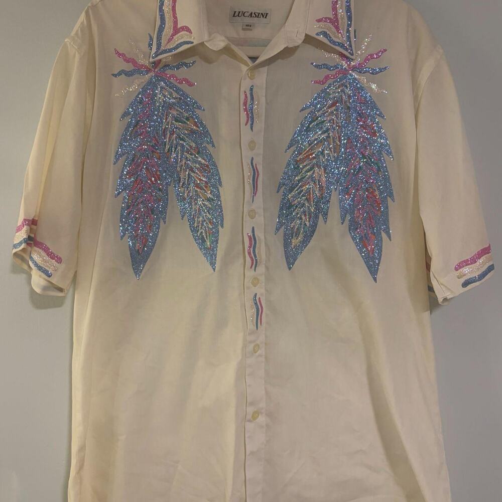 Vintage 80s Lucasini Pastel Glitter Feather Palm Print Button Down Shirt 16.5